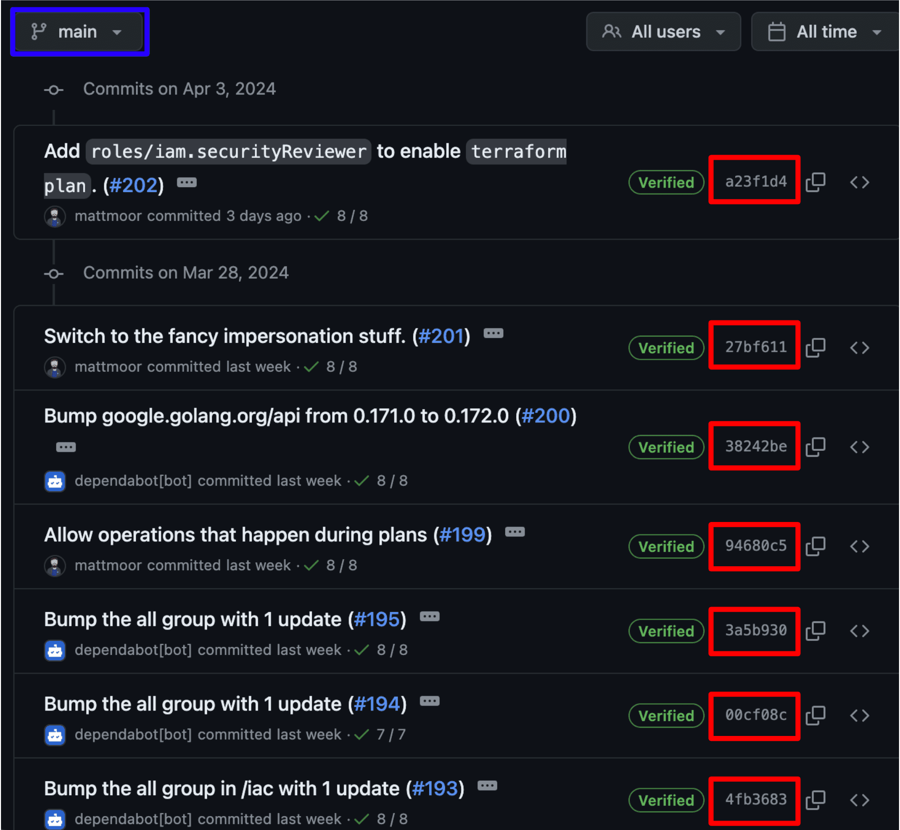 Screenshot of how the SHA1 commit hashes in Git work, the commit hashes (in red) become the names of immutable points in time along a branch (in blue).